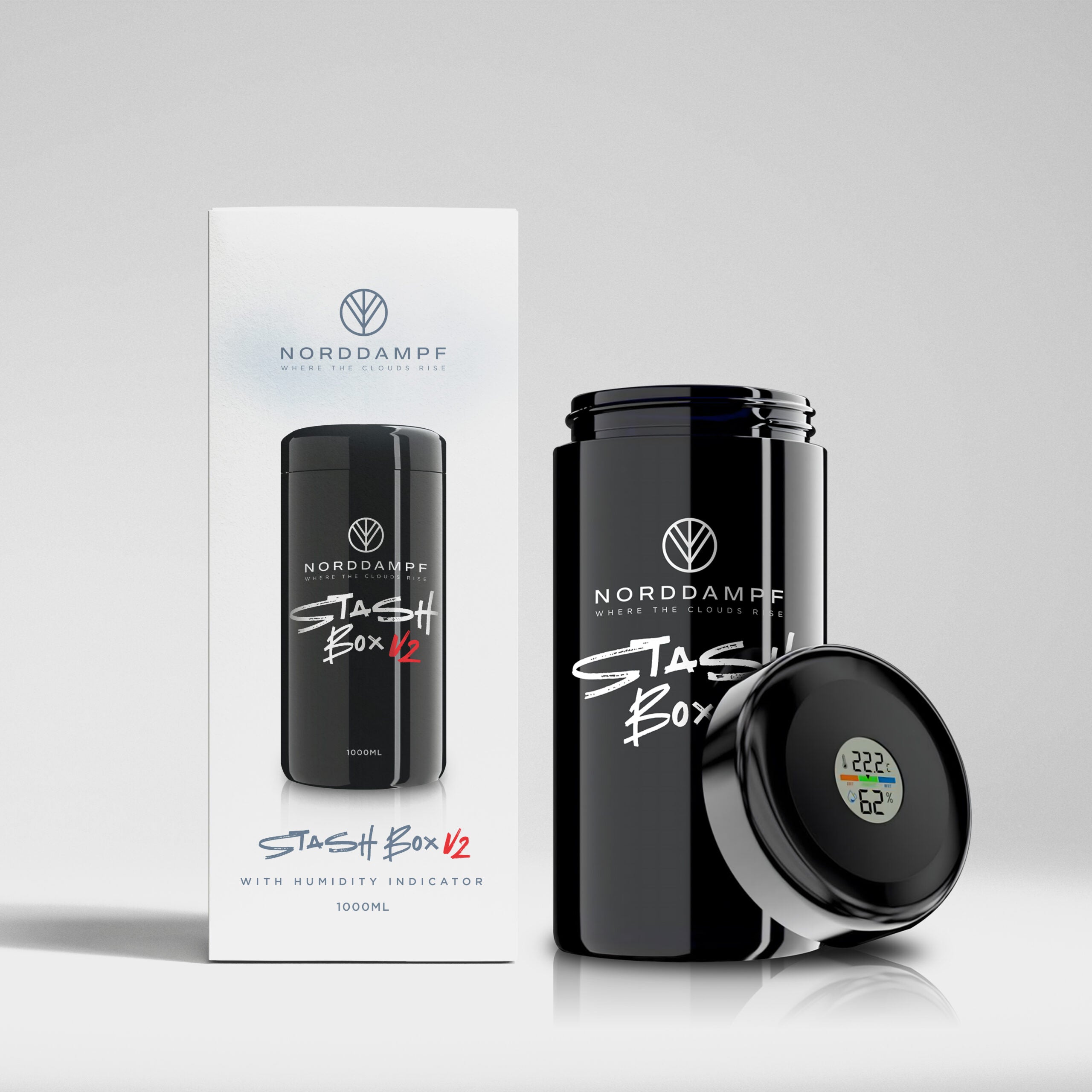 Norddampf Stashbox Mironglass mit Hygrometer 1000 ml für Kräuter